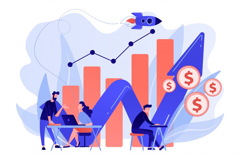 Sales managers with laptops and growth chart. Sales growth and manager, accounting, sales promotion and operations concept on white background. Pink coral blue vector isolated illustration. Marketing