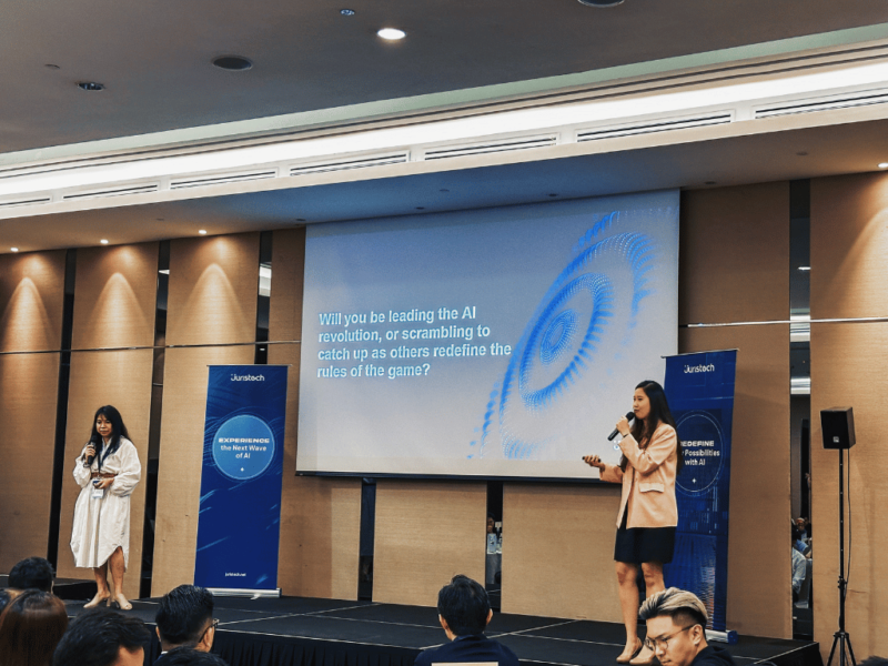 JurisTech’s CEO, See Wai Hun, and Head of Marketing & Communications, Laura Tsen, delivering the keynote presentation at JurisTech's GenAI Innovation Nexus: Redefining the Future of Lending 