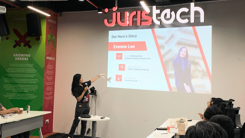 JurisTech's Functional Lead Evonne Lee presenting to Universiti Teknologi PETRONAS students.